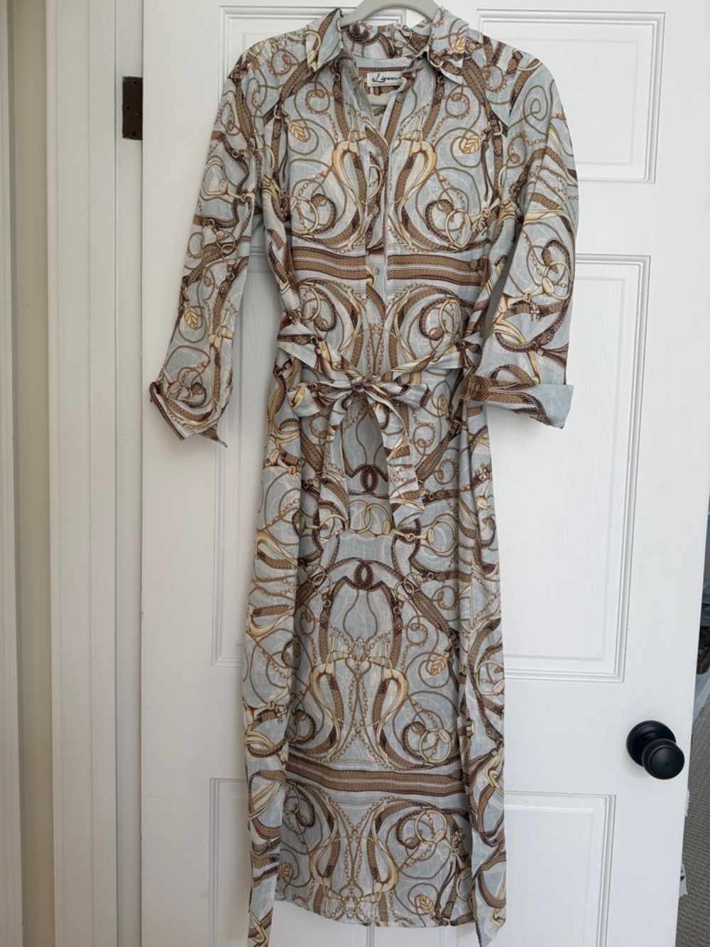 ILinen Light Blue and Gold Patterned Shirt Dress with Waist Tie